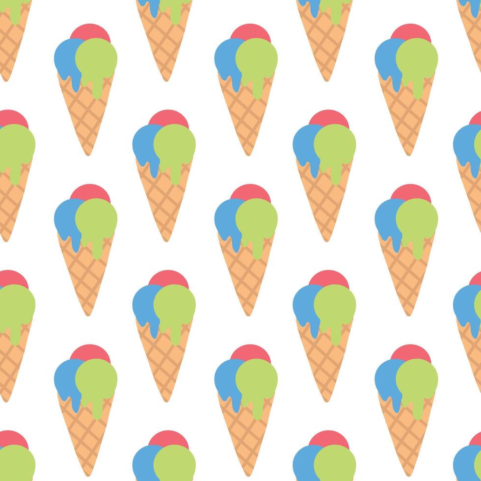Seamless Pattern. Ice cream in waffle cone with colorful three scoops. Summer time sweet food background. flat illustration. vector