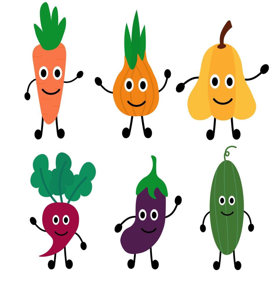 Set of funny vegetables. Concept of healthy food and products for kids. Summer element for your children design. Collection farm product. flat cartoon illustration. vector