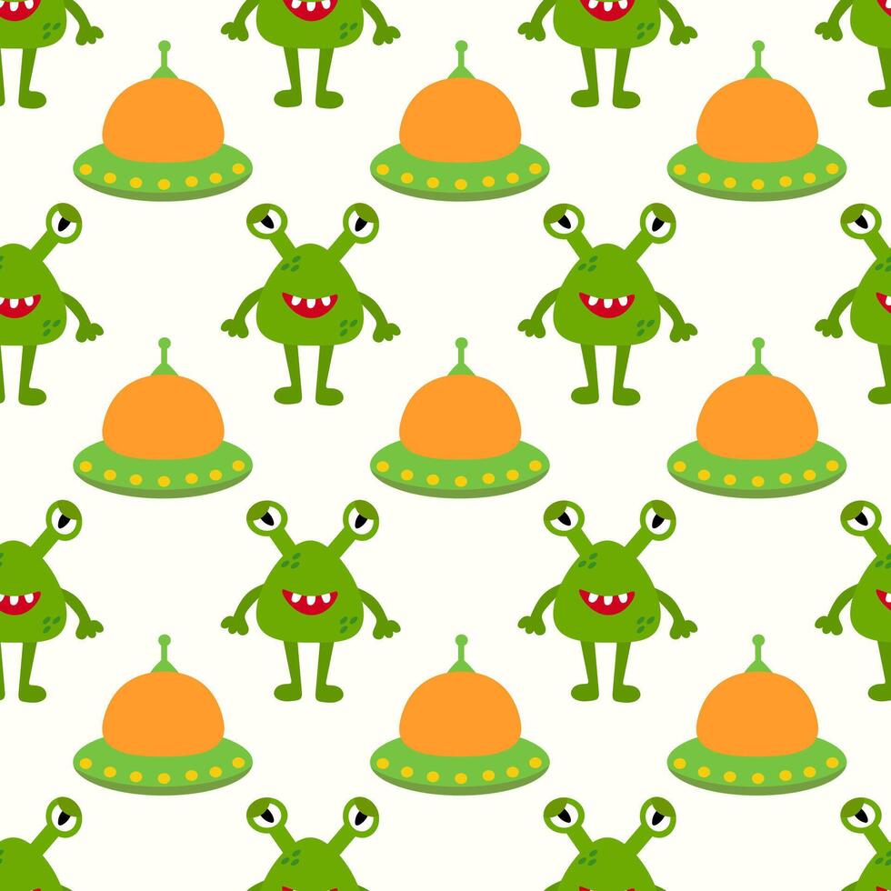 Alien spaceship, spacecrafts and UFO and Cute green alien or monster seamless pattern. Kids design. Children Cosmic ship. flat illustration. vector