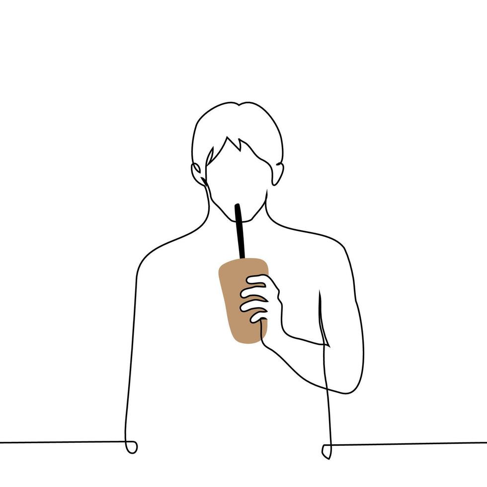 man drinks through a straw from a takeaway glass - one line art . concept cocktail, drink vector