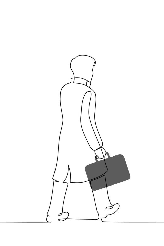view from the back of a leaving man in a coat with a suitcase - one line art . concept businessman walking down the street in autumn vector