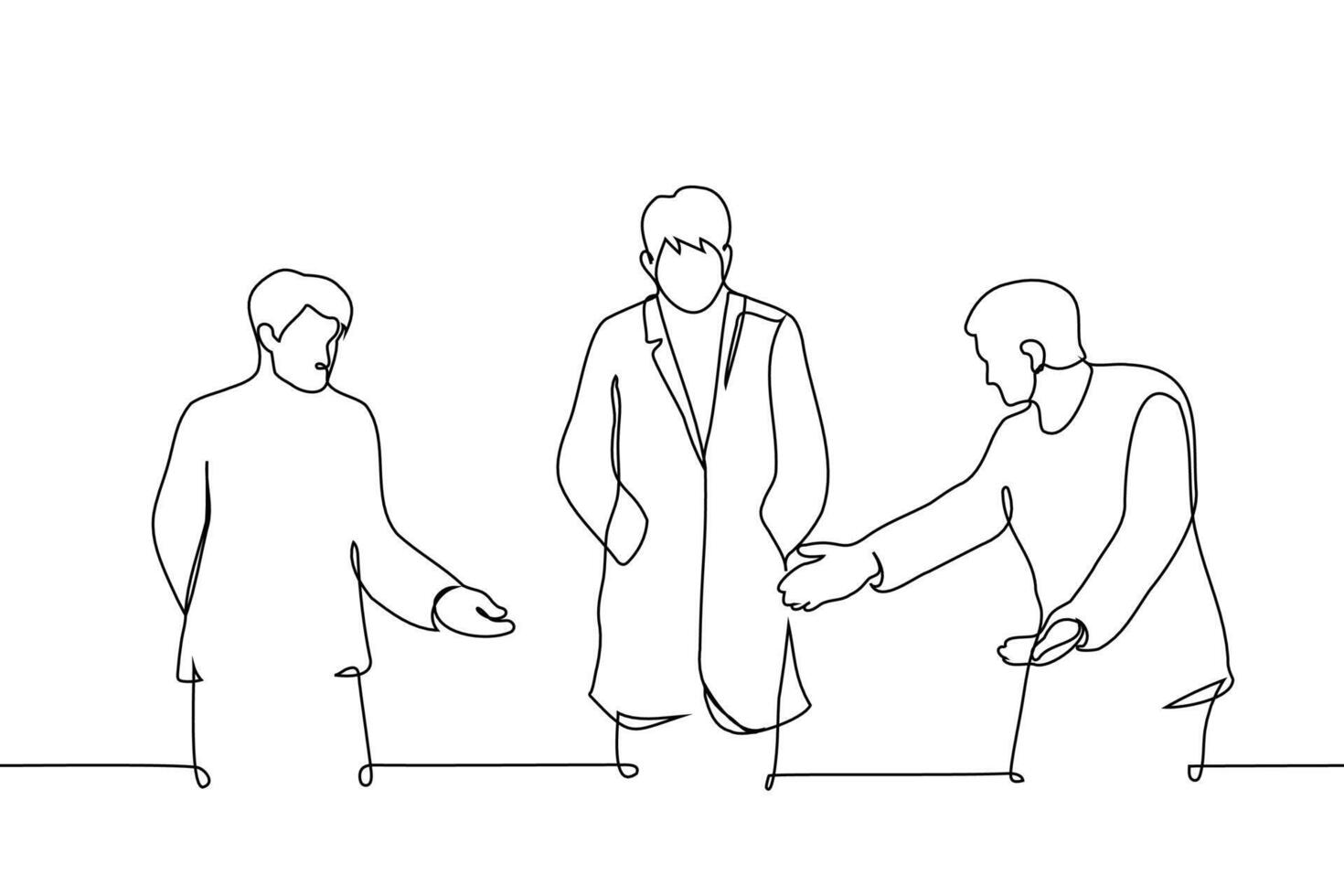 men point with their hands to a man in a coat walking in the center - one line art . concept welcome, security directs, escort vector