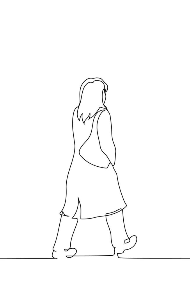 view from the back of a woman in a coat with a bag on her shoulder leaving - one line art . concept businesswoman walking down the street in autumn vector