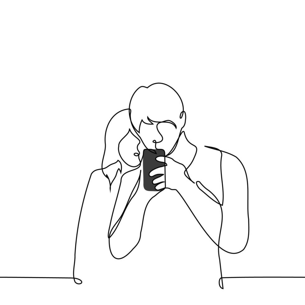 man stands immersed in the screen of his phone and a woman peeks from behind - one line art . concept of peeking into someone else's phone, spying and checking your partner vector