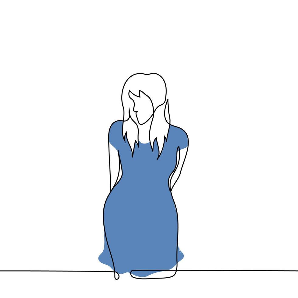 woman leaned forward with her hands behind his back, she looks at the camera - one line art . concept of looking with partiality, searching gaze, staring vector