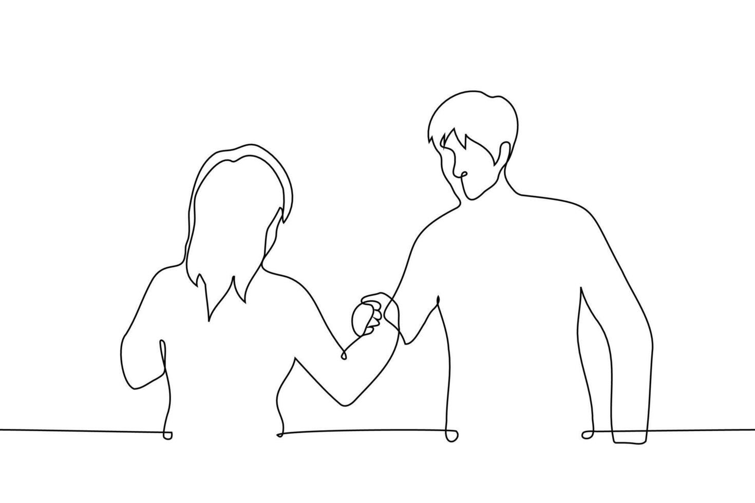 woman and man handshake, greeting - one line art vector