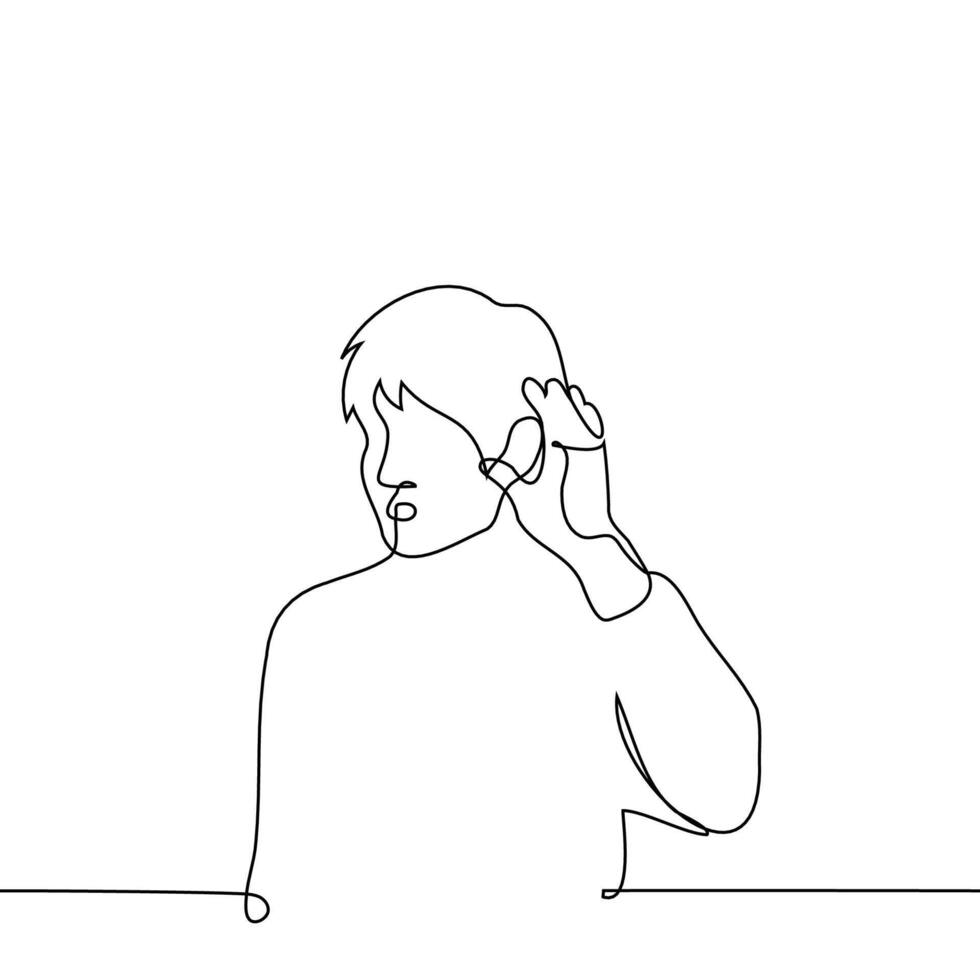 man put his hand to his ear to hear better - one line art . concept eavesdrop, bad hearing, listen vector