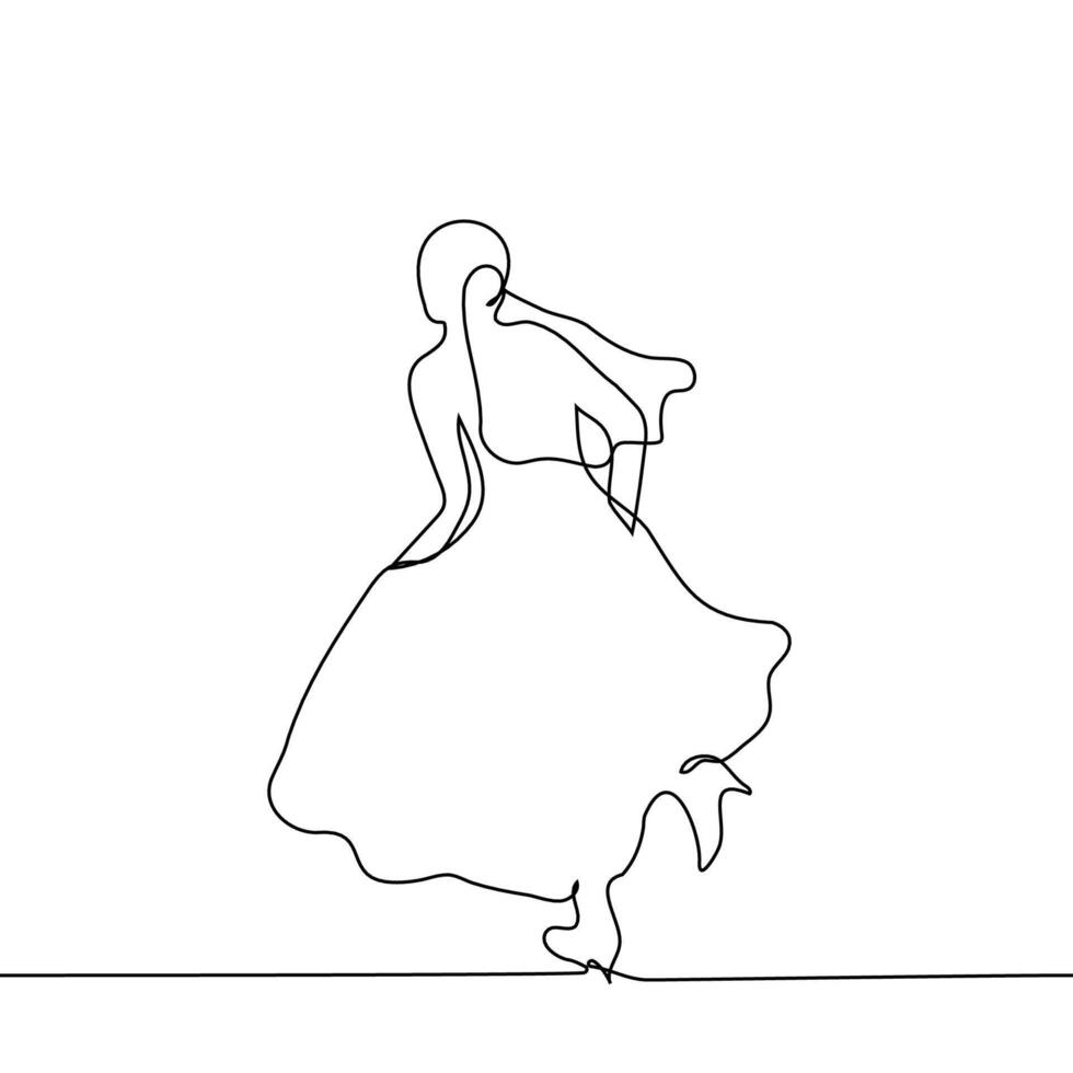 bride in a wedding dress runs - one line art . concept of bride escaping from wedding, rushing to get married, being late vector