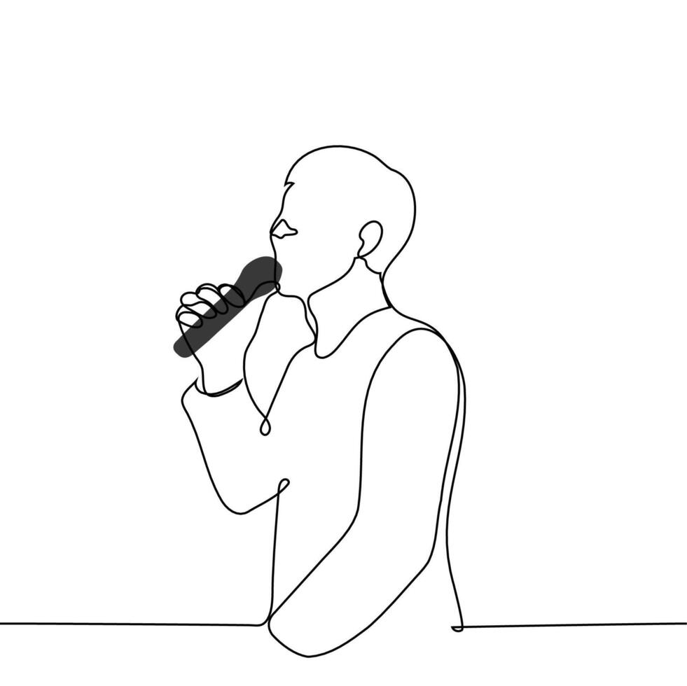 man standing speaking into a microphone - one line art . concept speaker, presenter, singer vector
