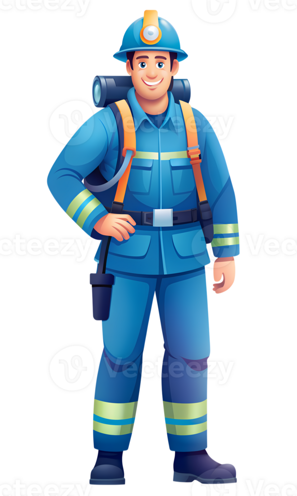 Firefighter in full gear with helmet and hose smiling while standing png