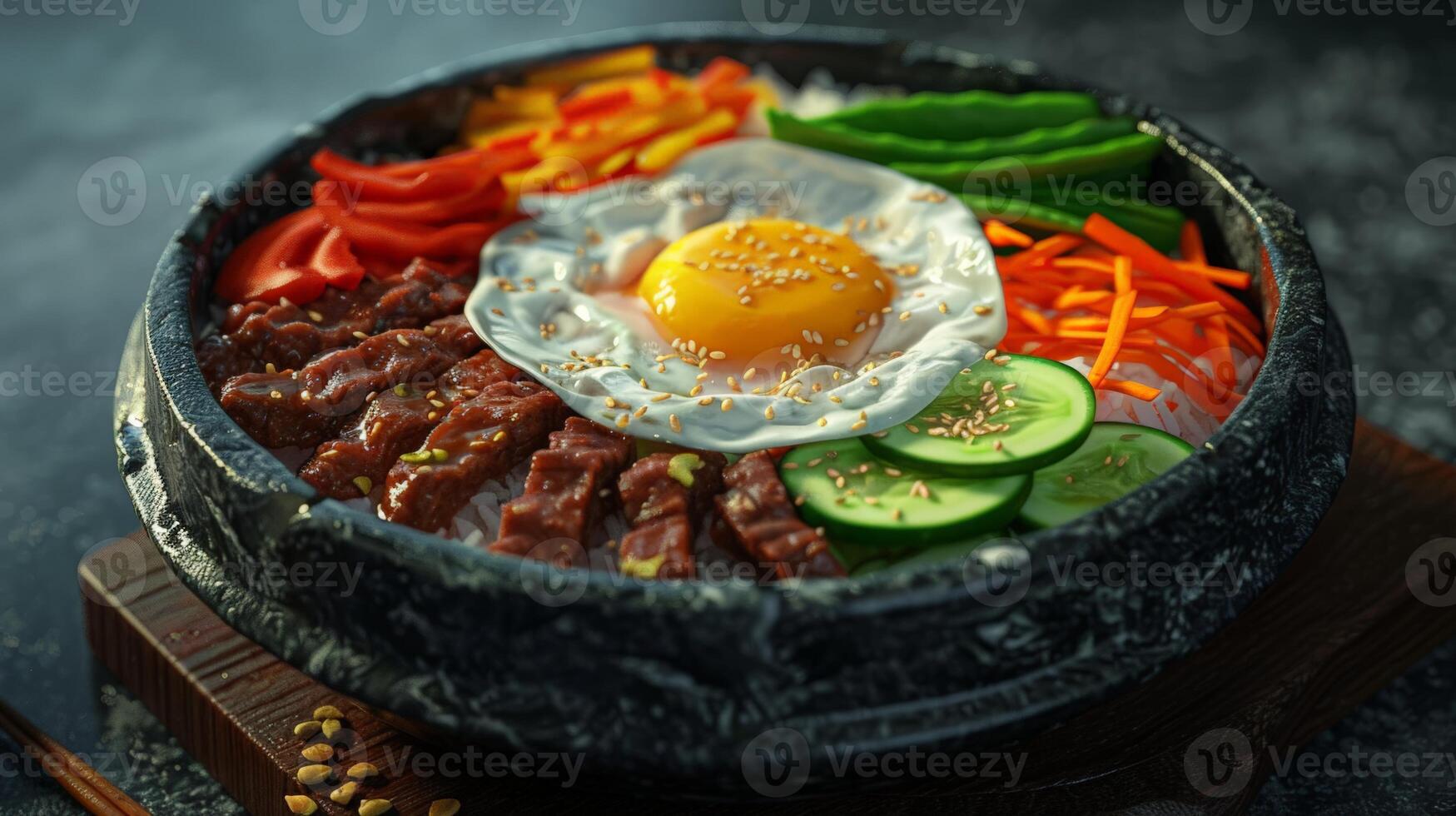 Neat arrangement of vegetables, sliced beef, and a fried egg. The hot stone bowl adds an authentic touch. photo