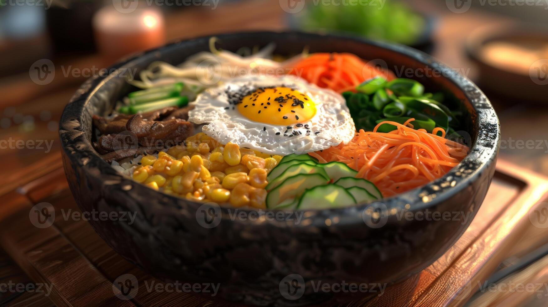 Classic Bibimbap with an array of fresh ingredients. The centerpiece is a fried egg, surrounded by vegetables and beef. photo