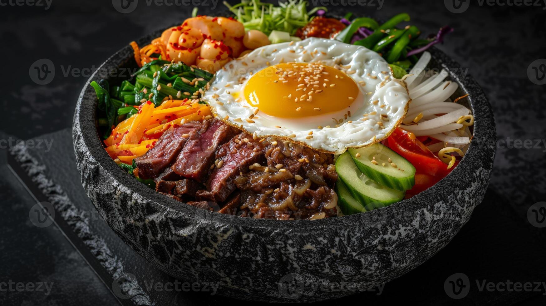 A vibrant Bibimbap dish topped with a perfectly fried egg. Colorful vegetables and sliced beef are neatly arranged in a hot stone bowl. photo