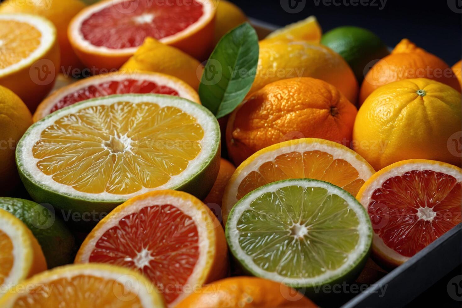 Vibrant Array of Sliced Fruits on a Sunlit Tray. A medley of citrus fruits slices arranged on a sunlit tray. photo