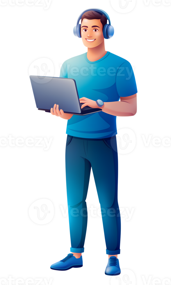 Young man with headphones and laptop standing confidently, smiling and using the laptop, wearing casual blue attire, isolated on transparent background png