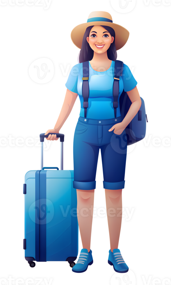 Full height image of a young woman tourist wearing casual clothes and a hat, standing with a suitcase She is smiling and looking confident, ready for travel The background is transparent png