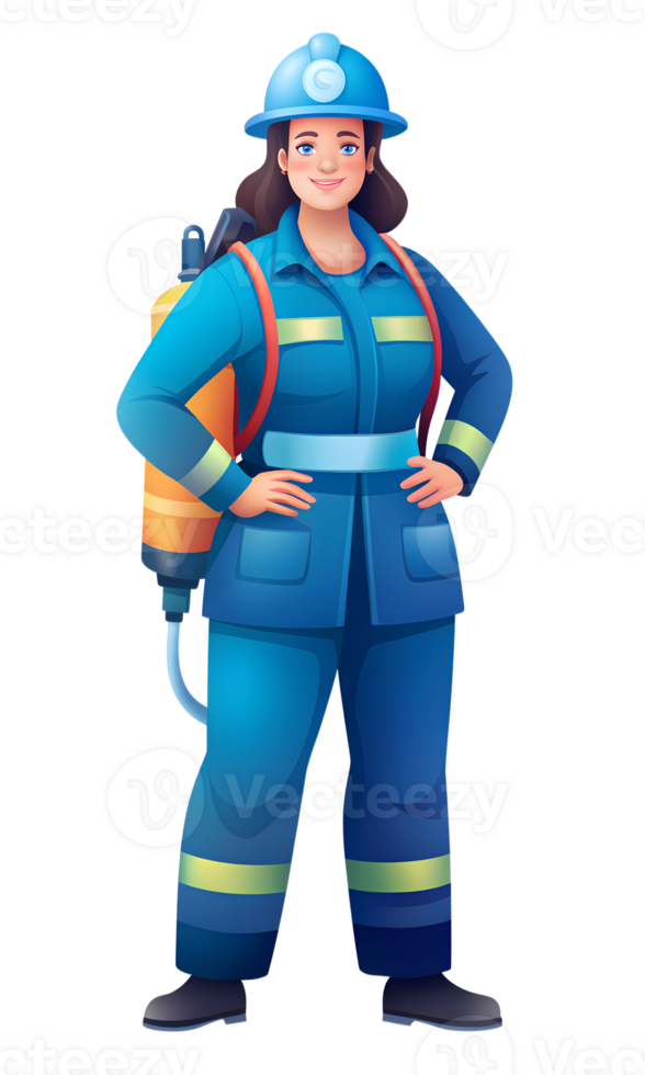 Female firefighter in full gear with helmet and hose smiling while standing png