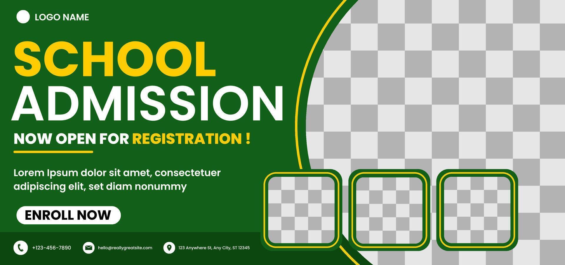 A green and yellow sign for school admission. The sign is circular and has a checkered background vector