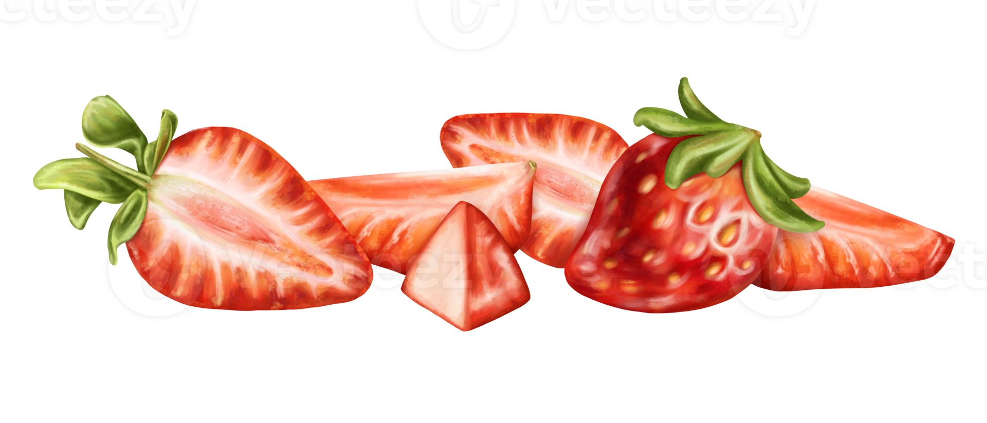 A composition of ripe strawberry slices. Juicy red berry for desserts, decorations and snacks. Garden organic harvest. Topping for cakes, ice cream, pies, cocktails. Digital isolated illustration png
