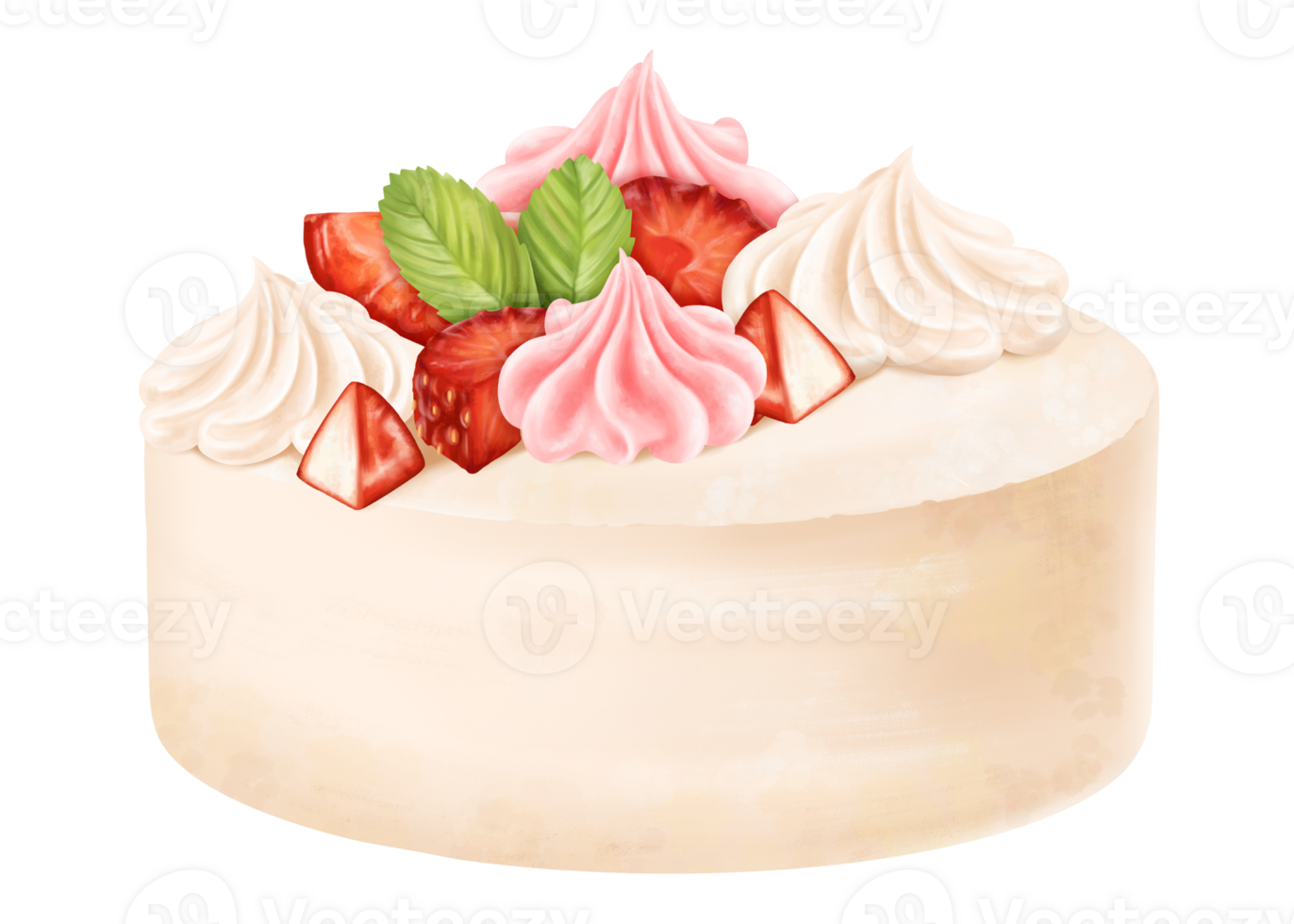 Festive sponge cake decorated with meringue, fresh strawberries. Pastry dessert with cream for birthday, home parties. A fruit pie from the bakery. A sweet berry gift. Digital isolated illustration png