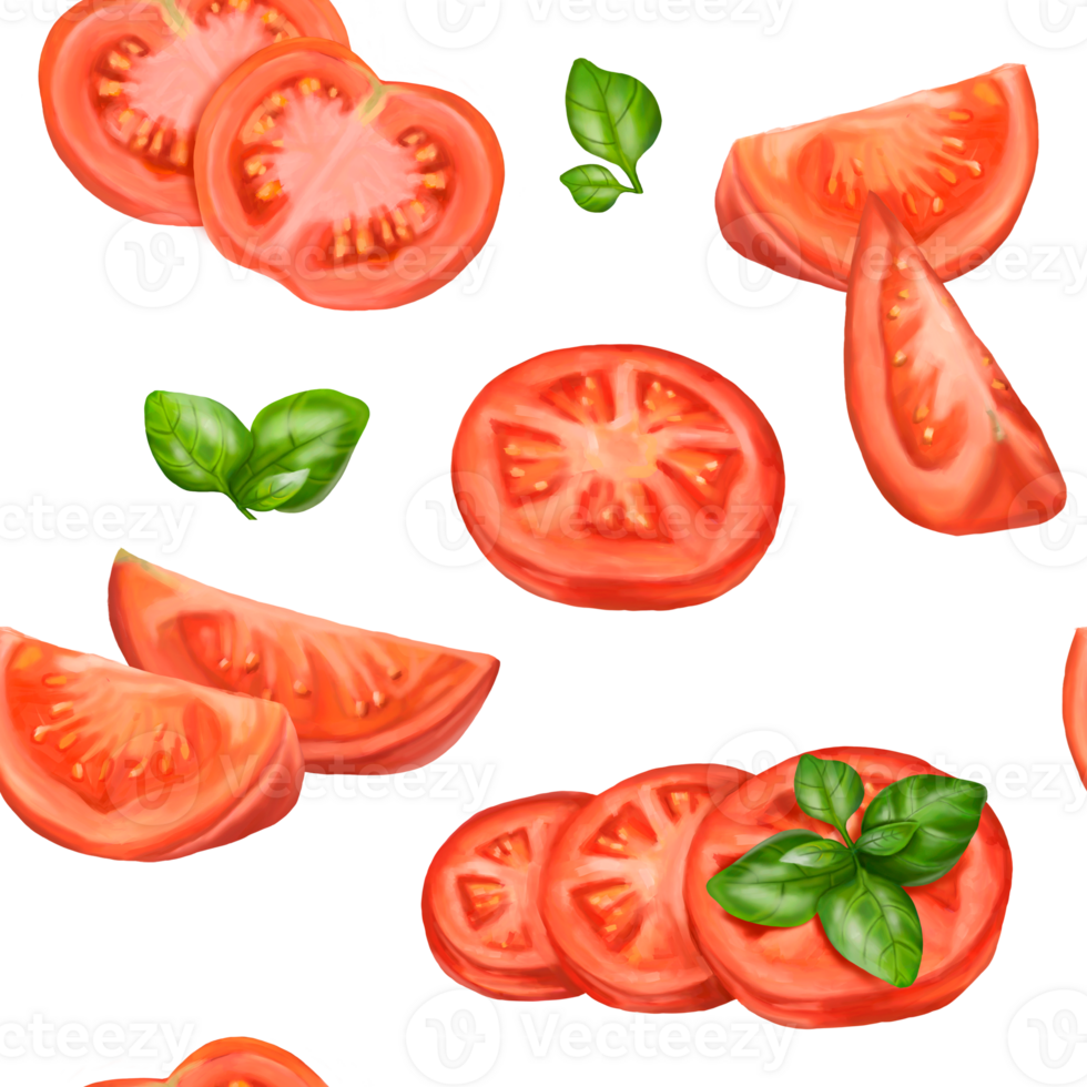 Seamless pattern with red ripe juicy slices and tomato slices. A healthy diet of vegetables and ingredients. Floral background for packaging and textiles. Digital isolated illustration png