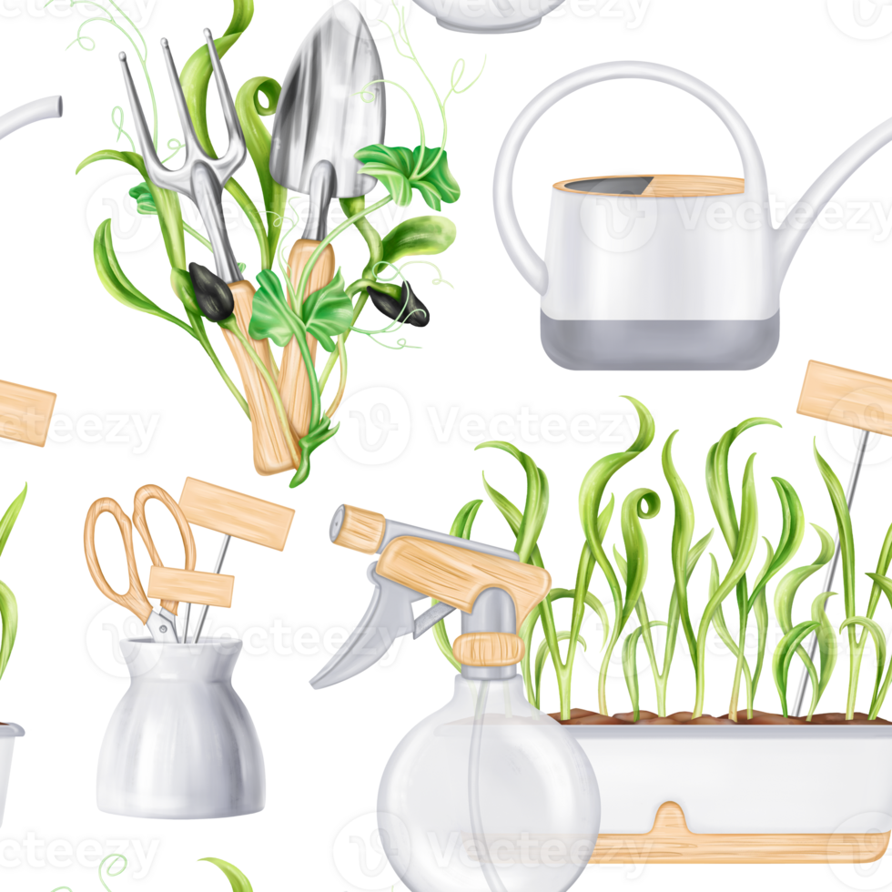 A seamless pattern of garden tools for a florist to work with plants and soil in greenhouses. Seedlings with microgreens for healthy nutrition. Care of indoor plants. Digital isolated illustration png