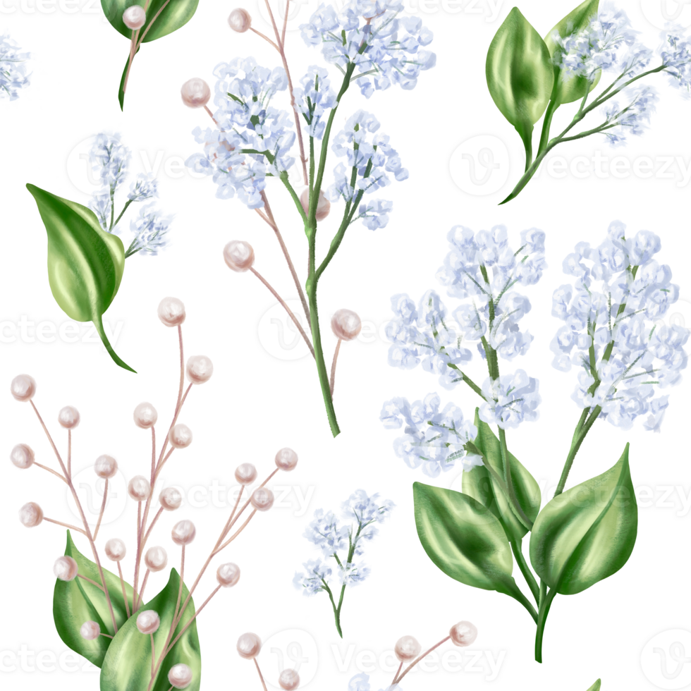 Seamless pattern of blue gypsophila twigs and green leaves. Romantic and beautiful digital illustration, repeating pattern. For decoration and design of invitations, date saving, greeting card png