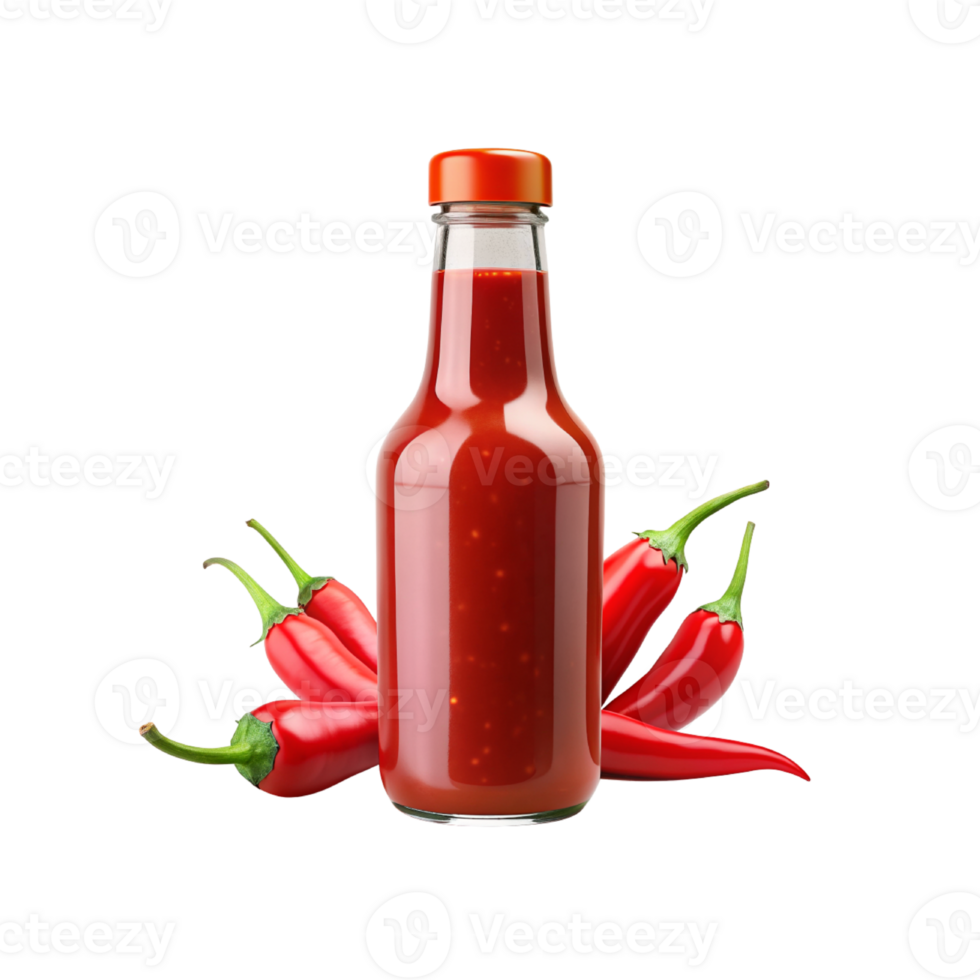 hot chili sauce bottle with red chili peppers isolated on transparent background png