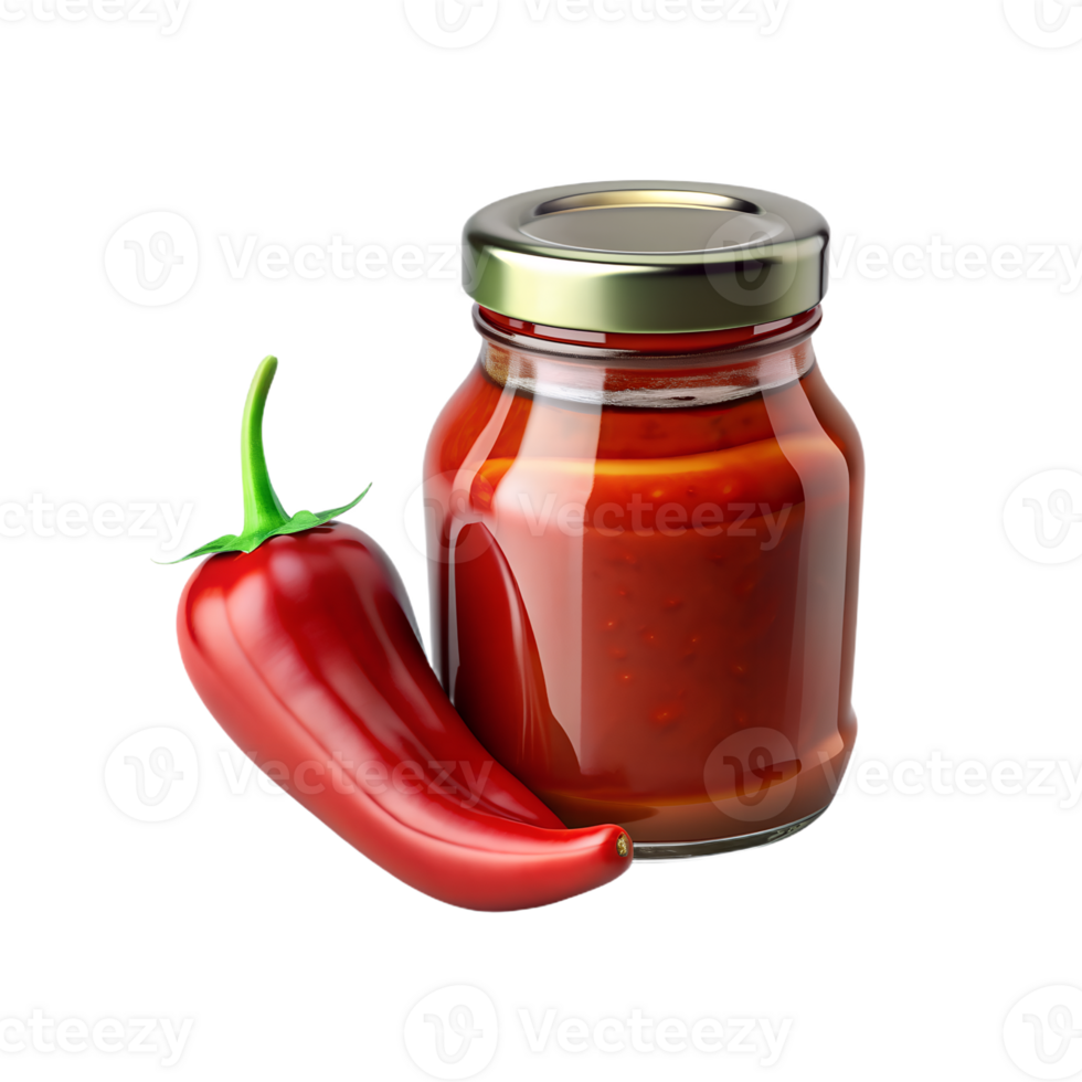 a jar of hot sauce and a chili pepper on a transparent background png
