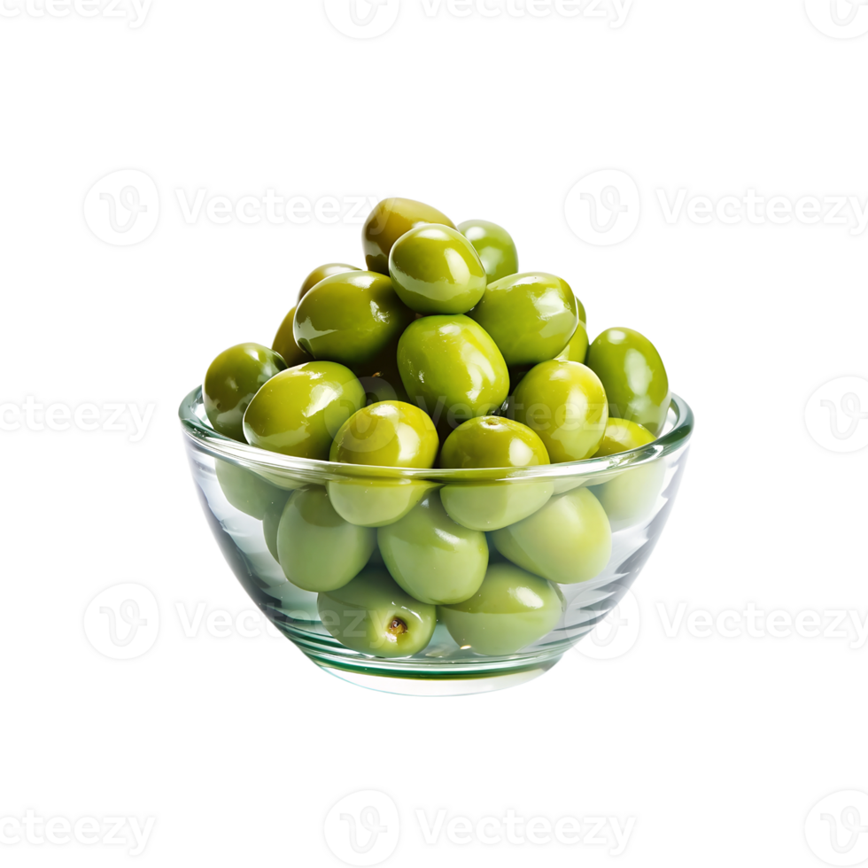 green olives in a glass bowl on a transparent background png