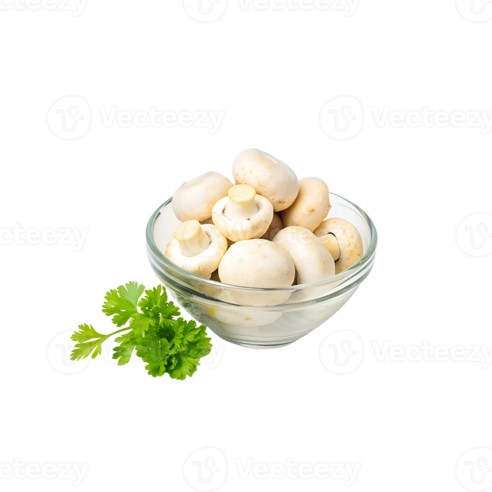 mushrooms in a bowl with parsley on a transparent background png