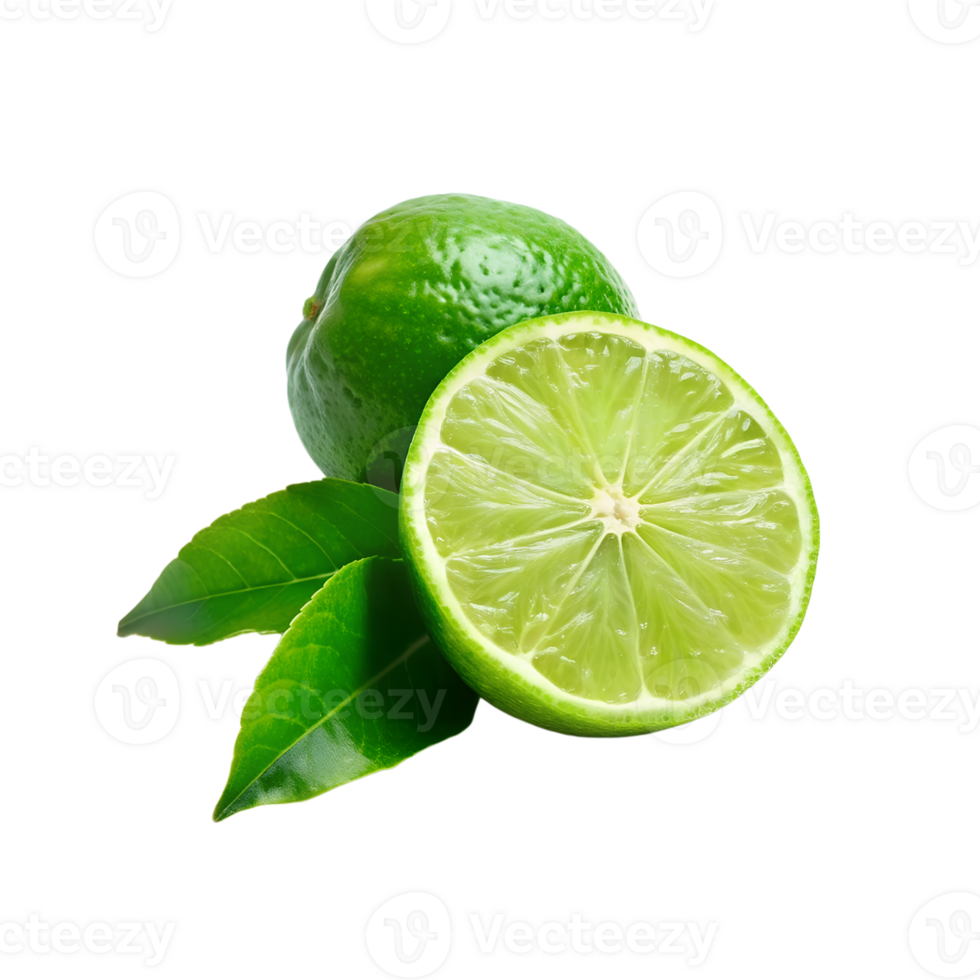 green lime with leaves on transparent background png
