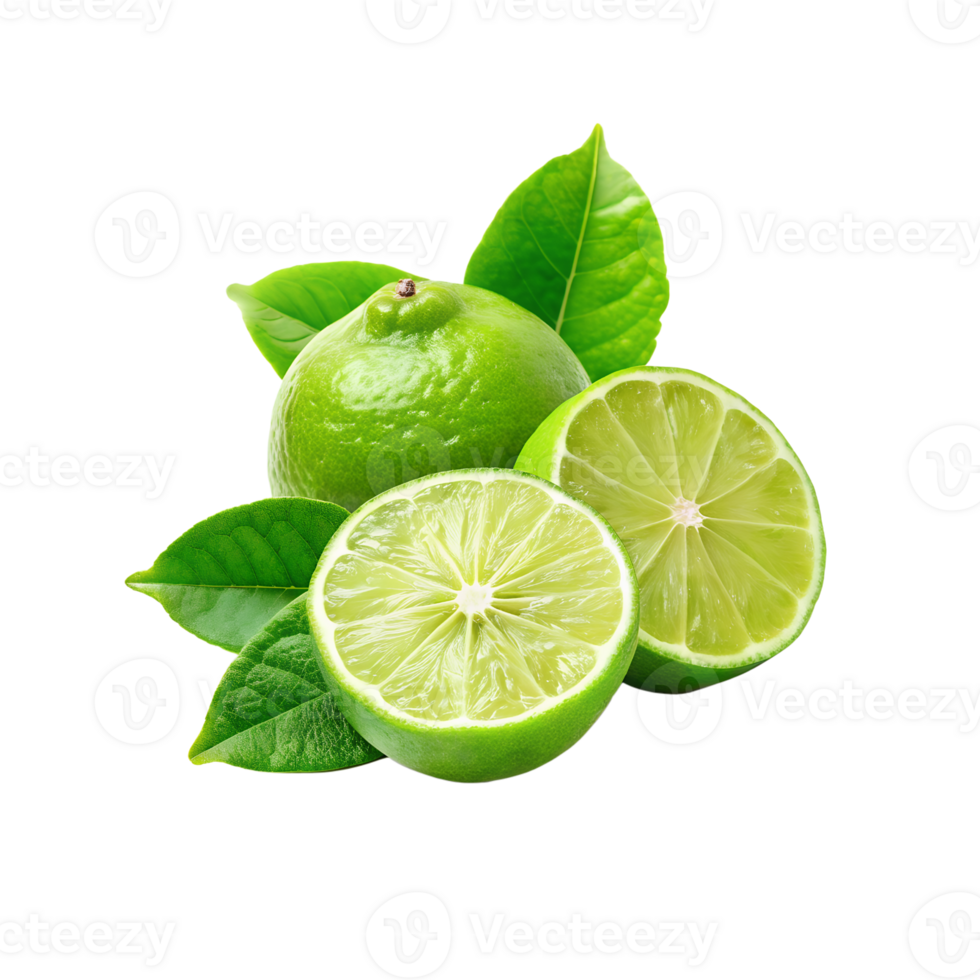 green lime with leaves on transparent background png
