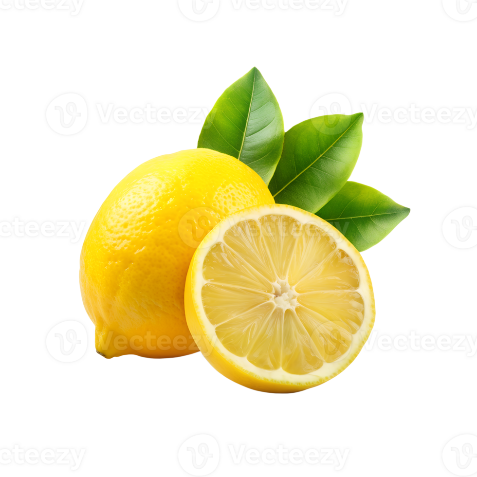lemon with green leaves on transparent background png