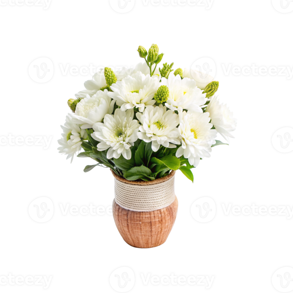 white flowers in a wooden vase on a transparent background png