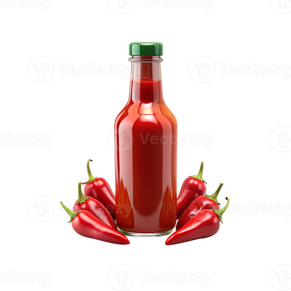 hot chili sauce bottle and peppers on transparent background png