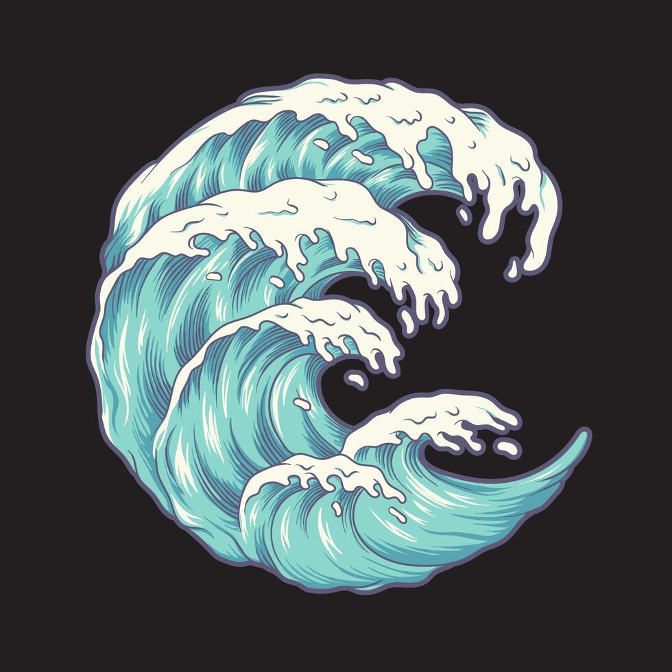 Ocean wave illustration. Hand drawn ocean wave on black background. vector