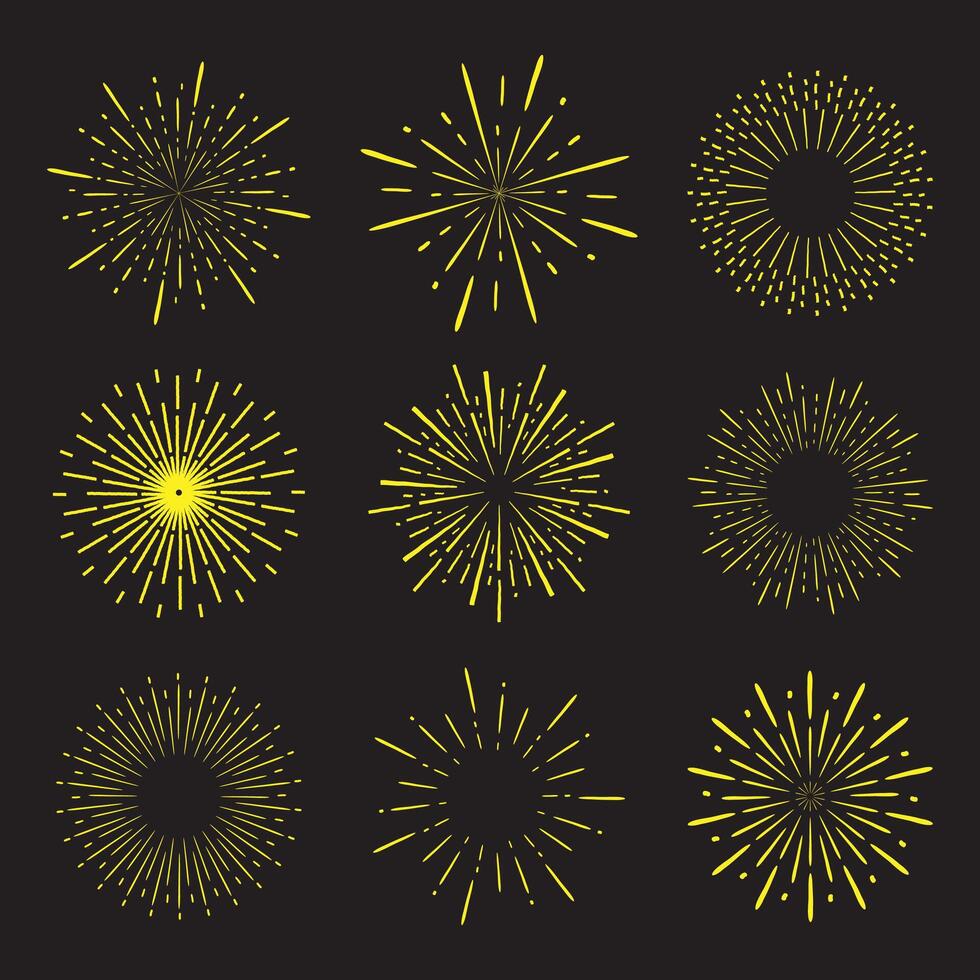 Set of starburst, sunburst design elements. Radial, radiating, converging lines. vector