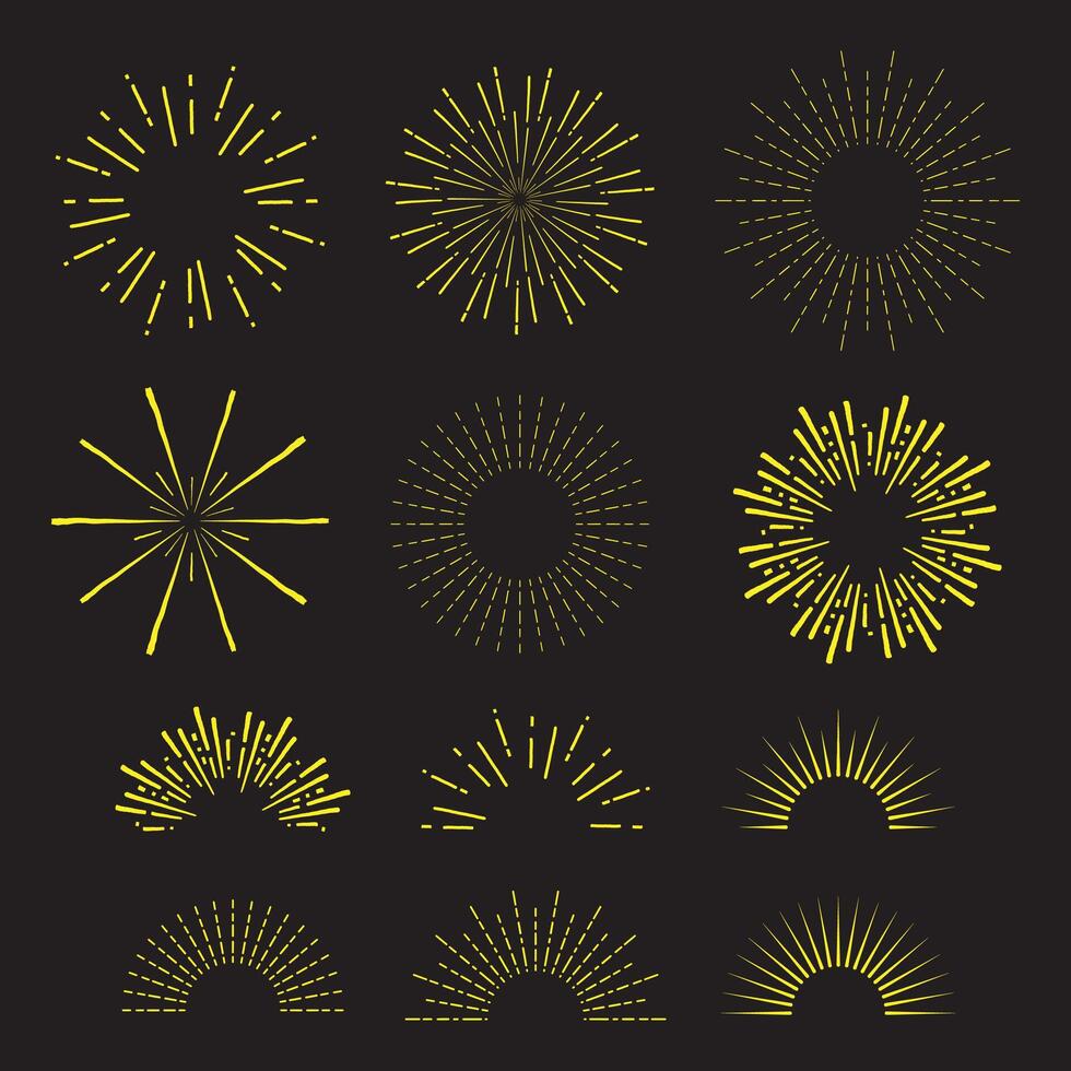 Set of starburst, sunburst design elements. Radial, radiating, converging lines. vector