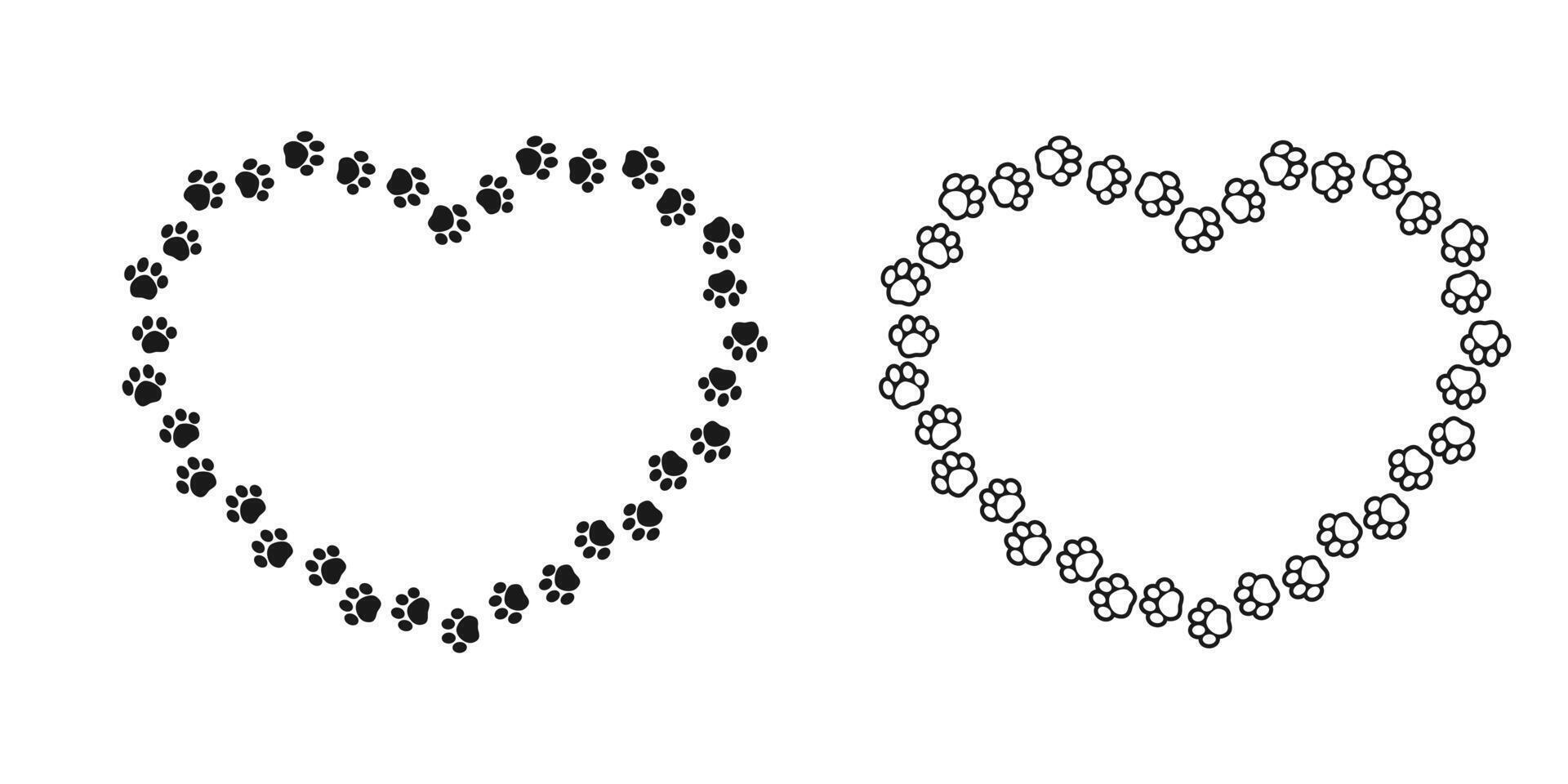 Heart shaped frame made of animal paw prints with empty space for your text and images. Cute Valentines, animal lover dog paw print border. vector