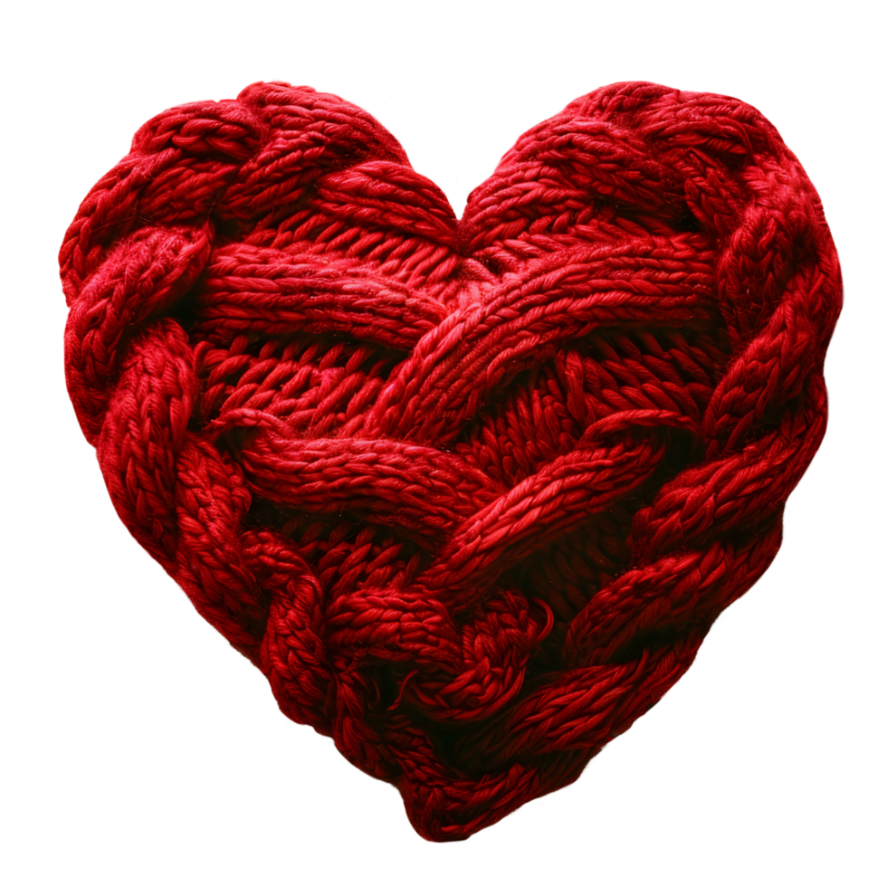 Heart made knitted red yarn png