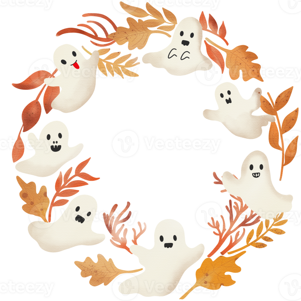 Watercolor halloween wreath with little ghost and orange leaves. png