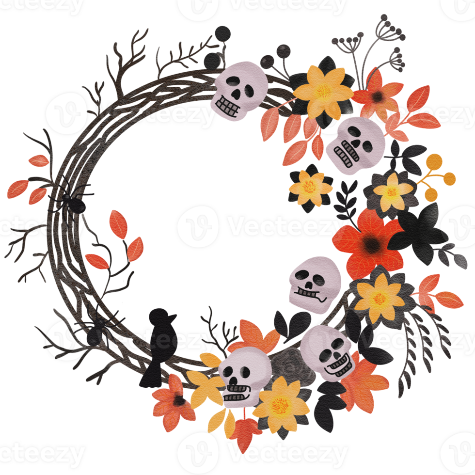 Halloween wreath with skulls, orange leaves and spiders. png
