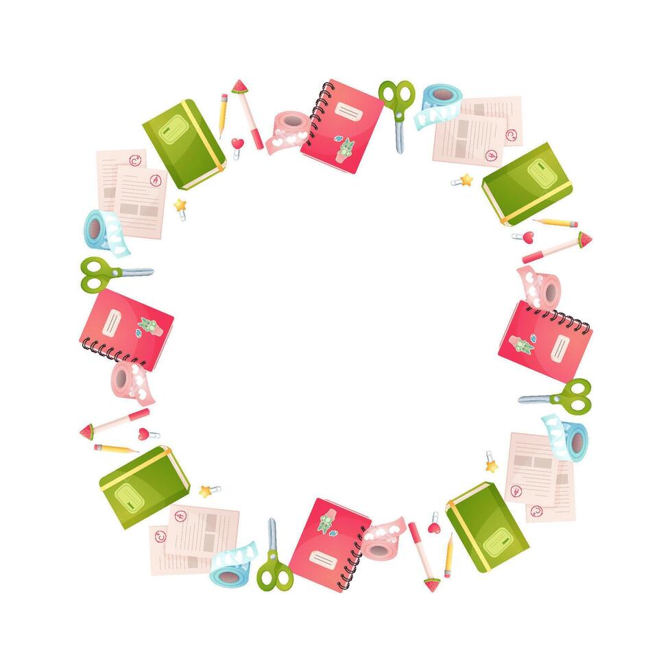 Round frame, school stationery. Notebook, scissors. vector