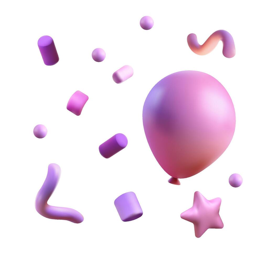 Confetti party clapper 3d , shapes. Birthday or carnival fireworks or popper paper streamers, star and elements for greeting design. purple, pink vector