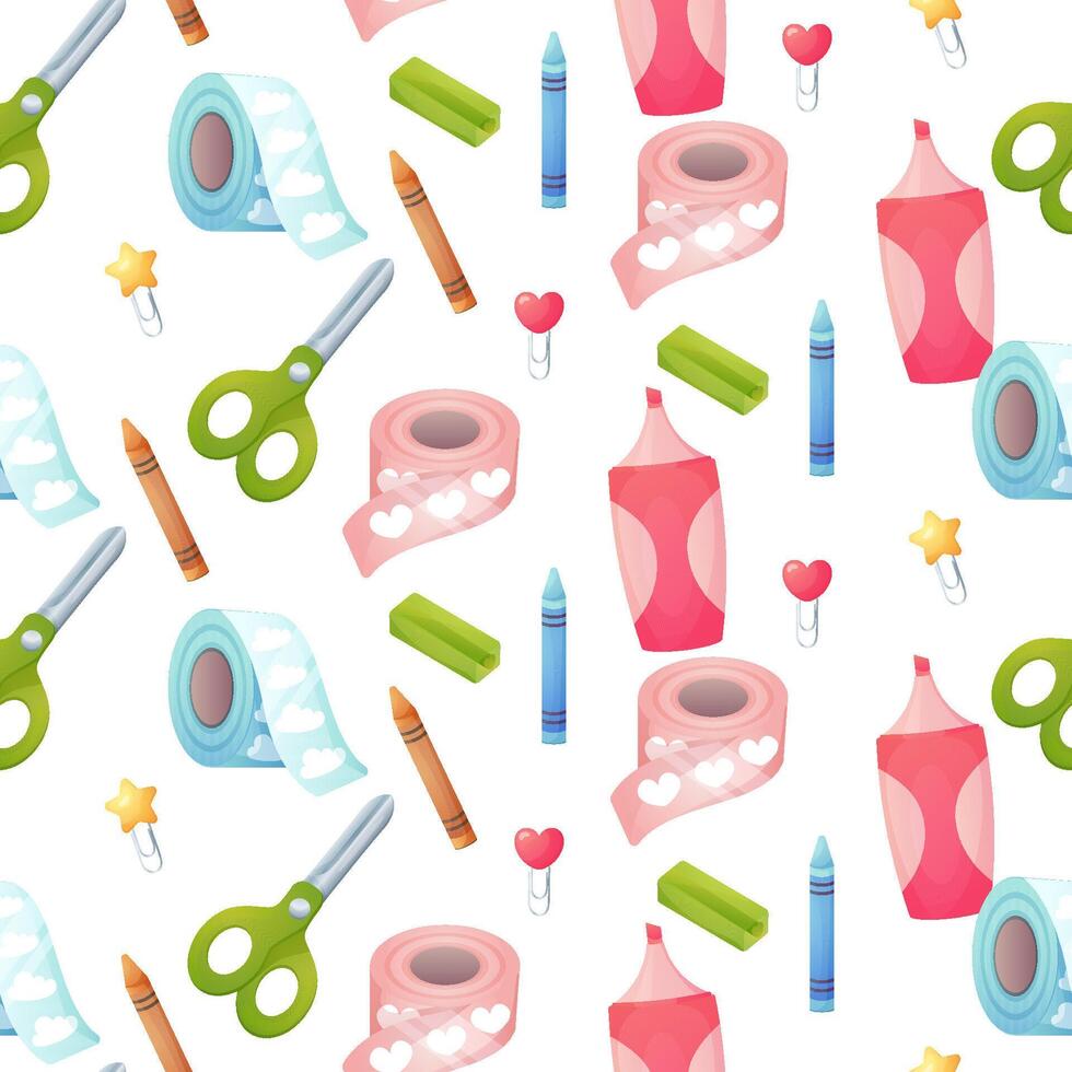 Seamless pattern,writing stationery,pen,scissors,crayons. Cartoon and cute vector