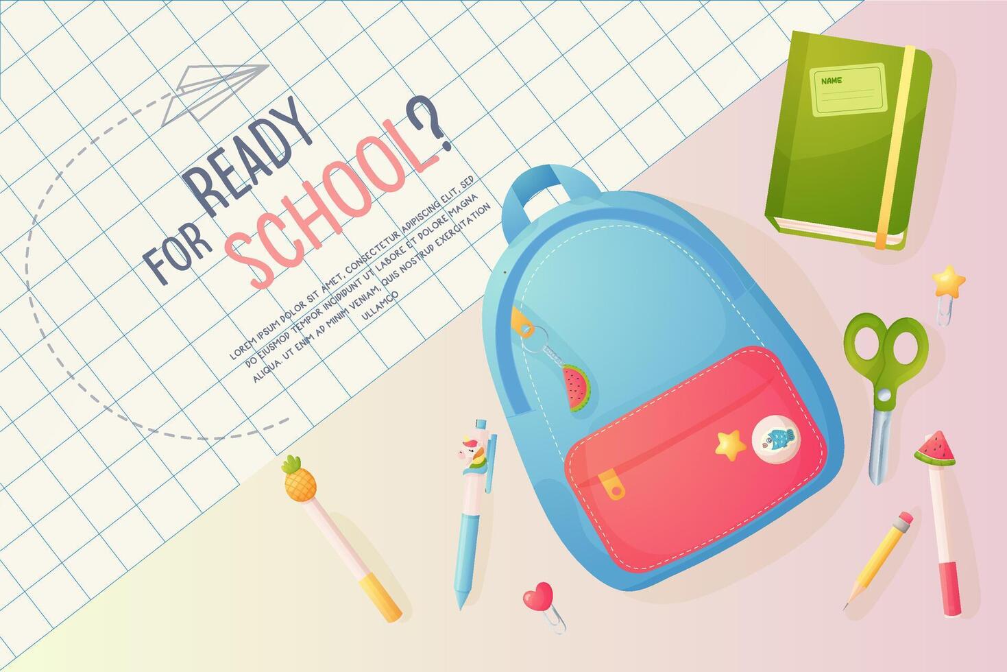 Banner school, backpack and stationery preparation for school. illustration. vector