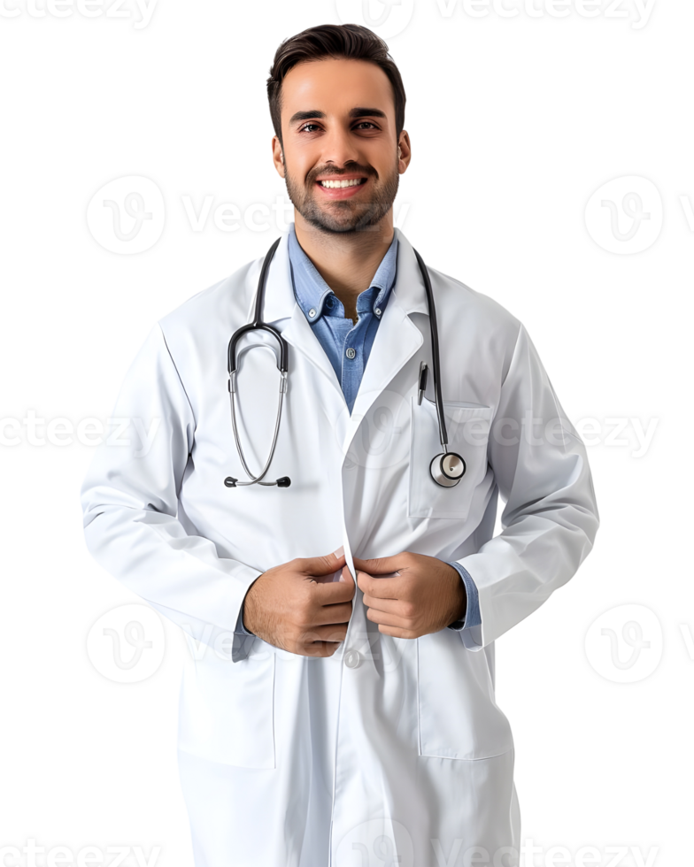 Portrait of a young male doctor with stethoscope isolated on transparent background png