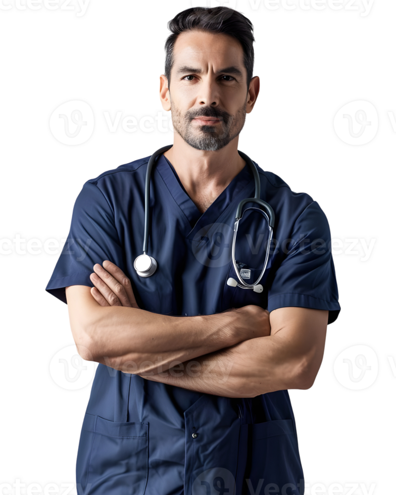 Portrait of a handsome doctor in blue uniform with stethoscope isolated on transparent background png