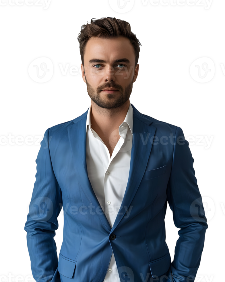 Handsome young man in blue suit, isolated on transparent background png